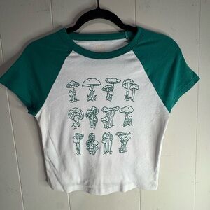 Green and White Crop Top with Mushroom Print